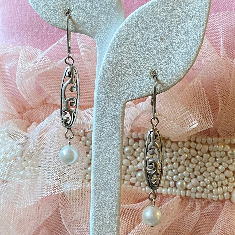 Dangle Earrings Silver Tone Filigree Faux Pearl Drop Leverback Jewelry